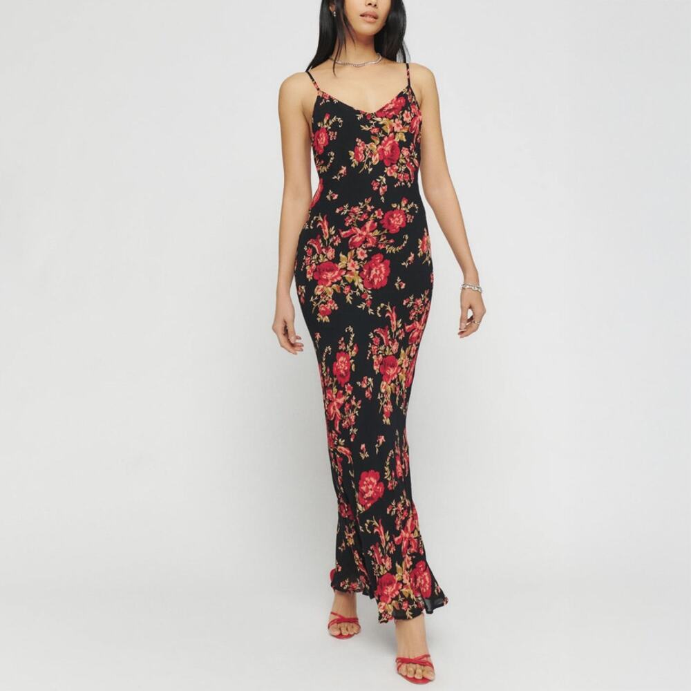 Reformation Black Maxi Slip Dress with Red Floral Print